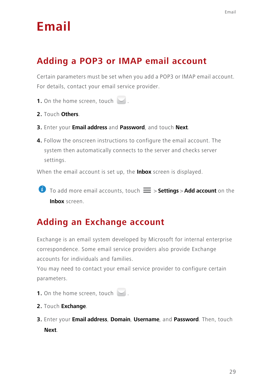 Email, Adding a pop3 or imap email account, Adding an exchange account | Huawei Ascend Y550 User Manual | Page 33 / 71