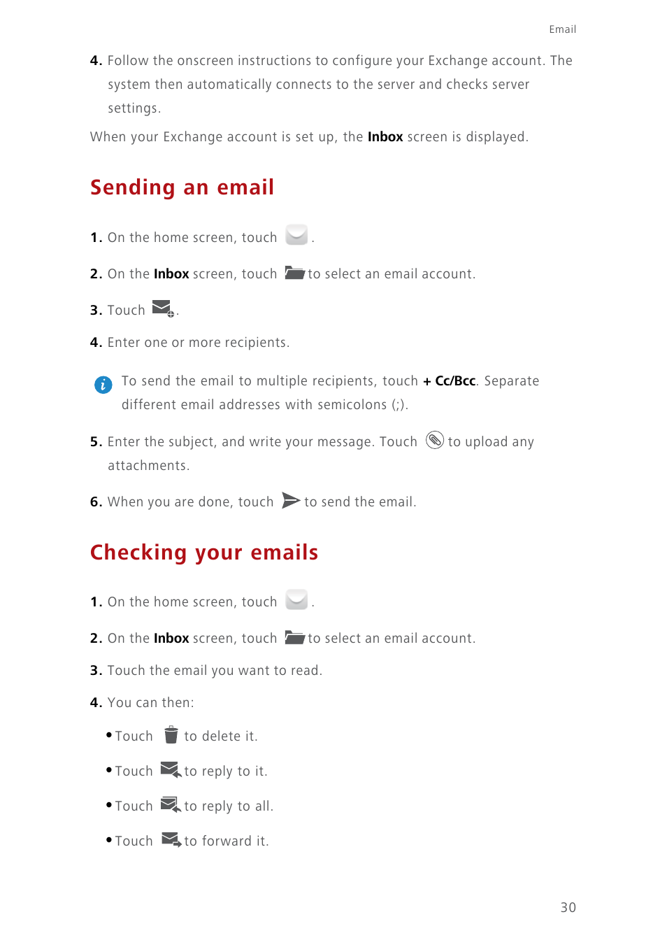 Sending an email, Checking your emails | Huawei Ascend Y550 User Manual | Page 34 / 71