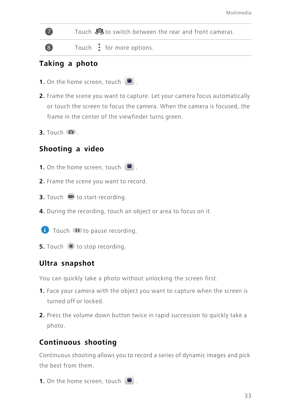 Taking a photo, Shooting a video, Ultra snapshot | Continuous shooting | Huawei Ascend Y550 User Manual | Page 37 / 71