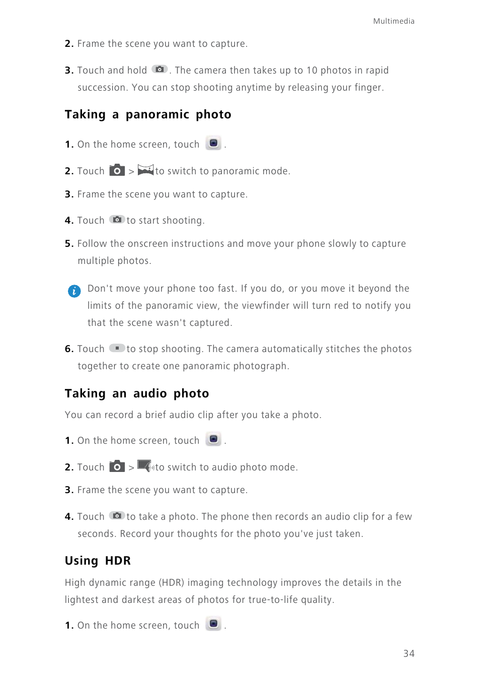 Taking a panoramic photo, Taking an audio photo, Using hdr | Huawei Ascend Y550 User Manual | Page 38 / 71