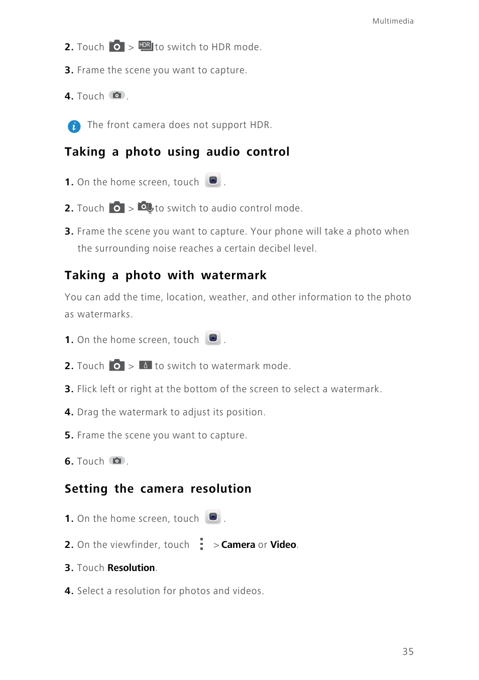 Taking a photo using audio control, Taking a photo with watermark, Setting the camera resolution | Huawei Ascend Y550 User Manual | Page 39 / 71