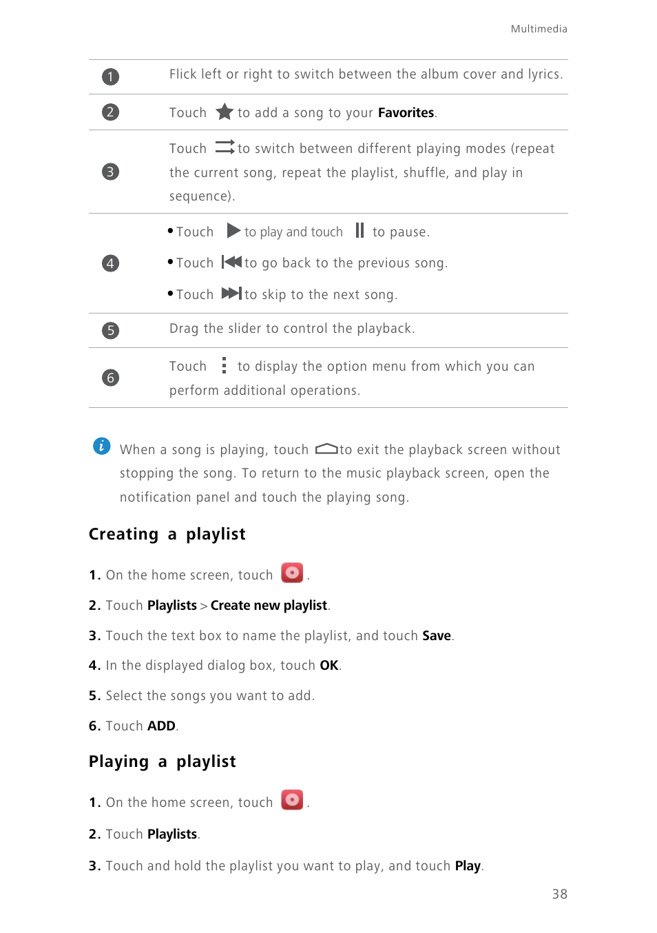 Creating a playlist, Playing a playlist | Huawei Ascend Y550 User Manual | Page 42 / 71