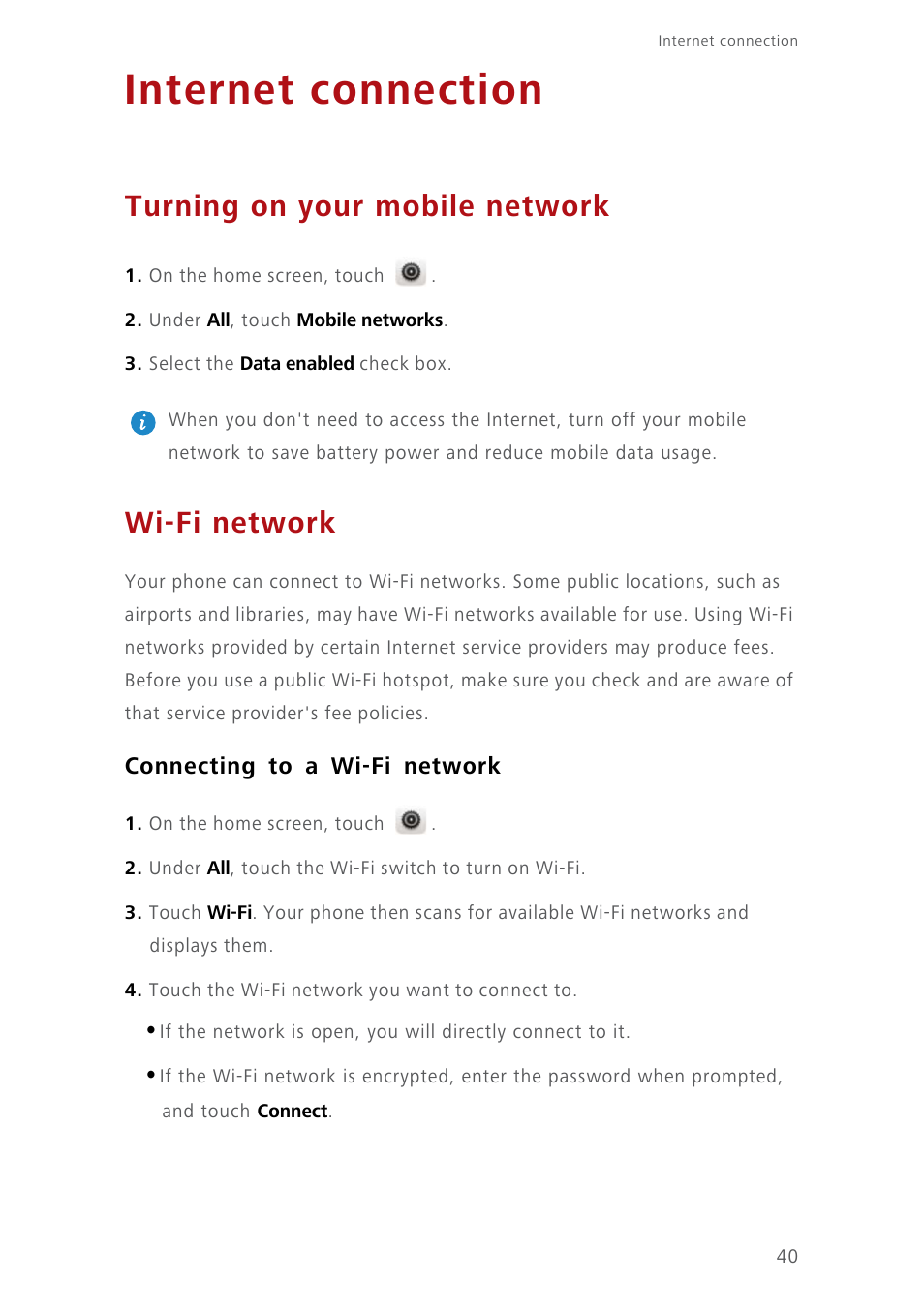 Internet connection, Turning on your mobile network, Wi-fi network | Connecting to a wi-fi network | Huawei Ascend Y550 User Manual | Page 44 / 71