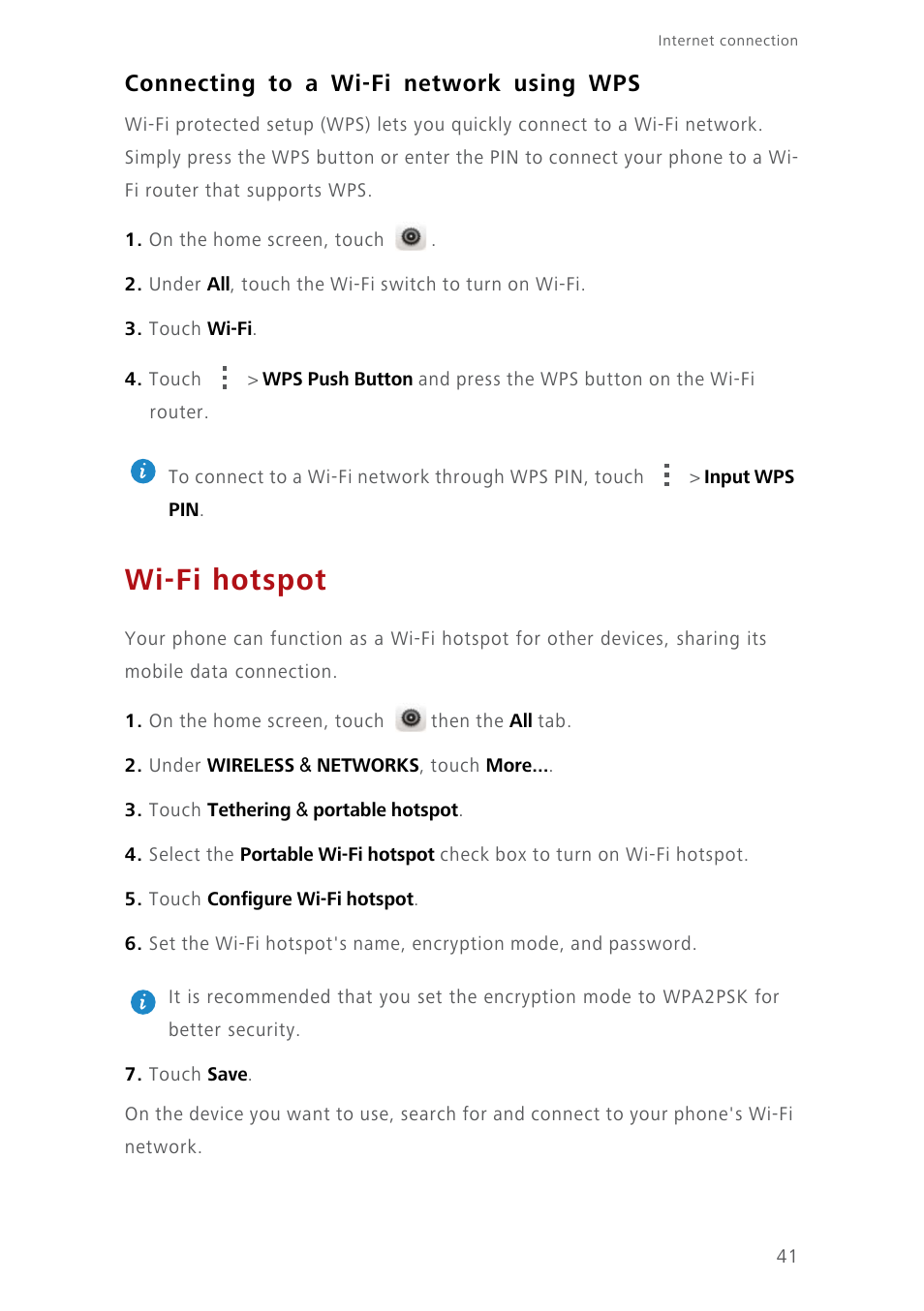 Connecting to a wi-fi network using wps, Wi-fi hotspot | Huawei Ascend Y550 User Manual | Page 45 / 71