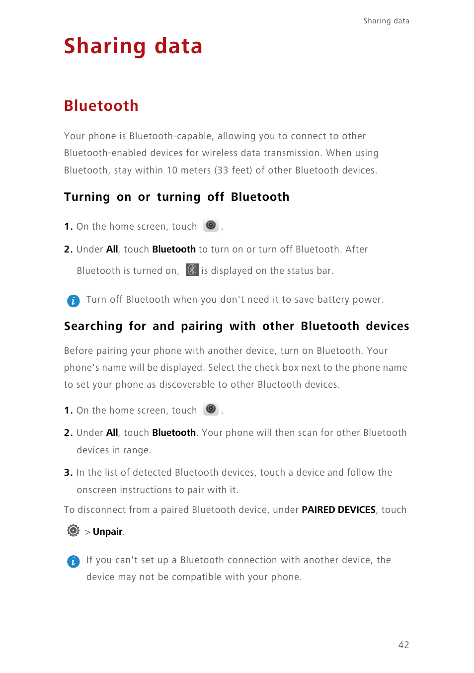 Sharing data, Bluetooth, Turning on or turning off bluetooth | Huawei Ascend Y550 User Manual | Page 46 / 71