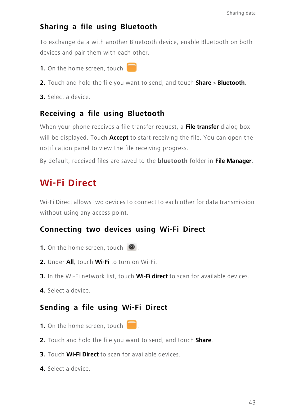 Sharing a file using bluetooth, Receiving a file using bluetooth, Wi-fi direct | Connecting two devices using wi-fi direct, Sending a file using wi-fi direct | Huawei Ascend Y550 User Manual | Page 47 / 71