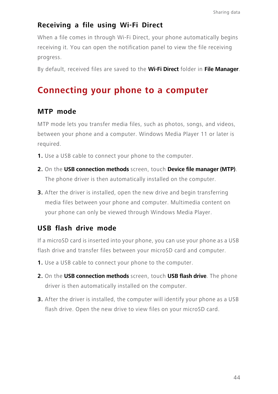 Receiving a file using wi-fi direct, Connecting your phone to a computer, Mtp mode | Usb flash drive mode | Huawei Ascend Y550 User Manual | Page 48 / 71