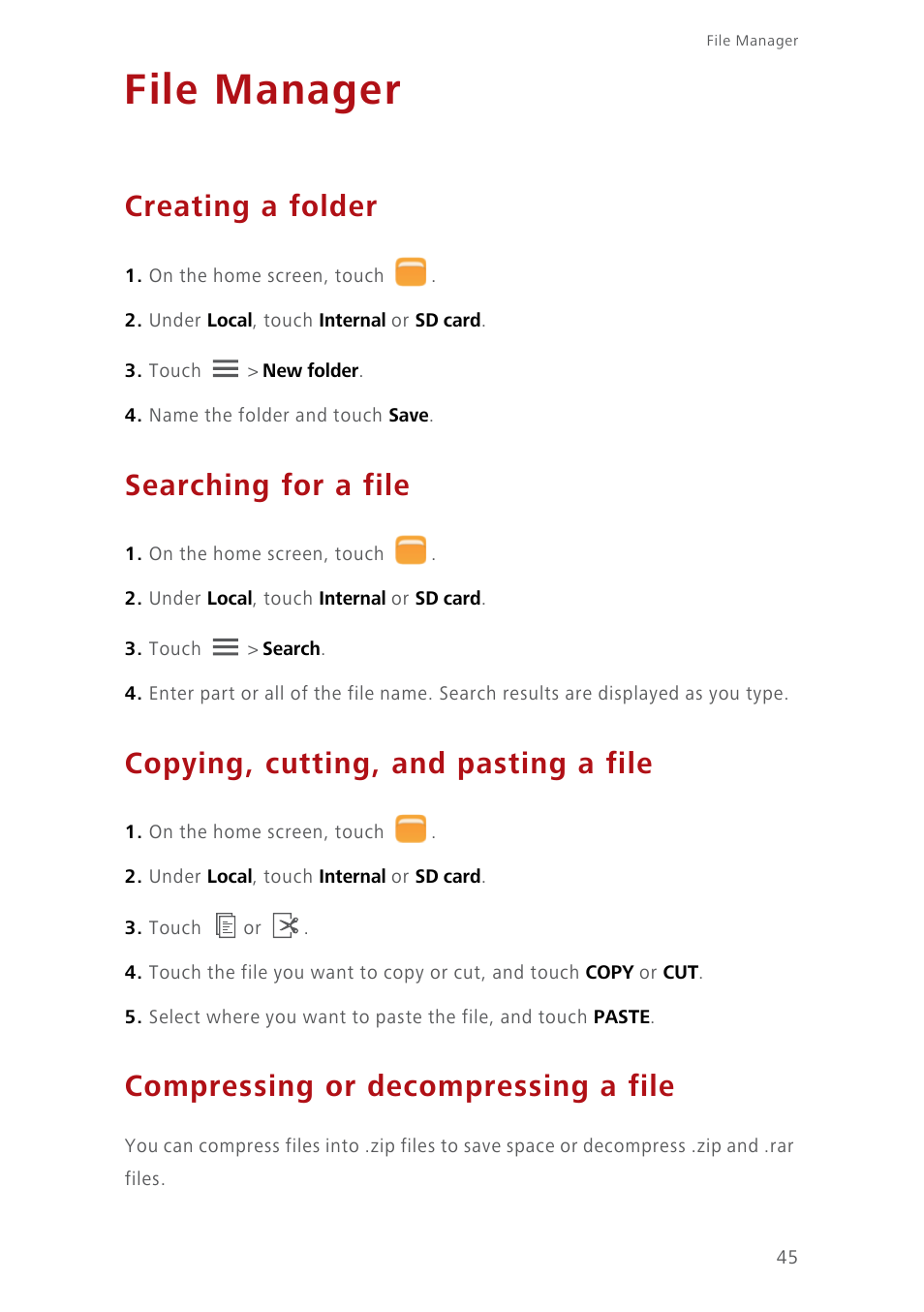 File manager, Creating a folder, Searching for a file | Copying, cutting, and pasting a file, Compressing or decompressing a file | Huawei Ascend Y550 User Manual | Page 49 / 71