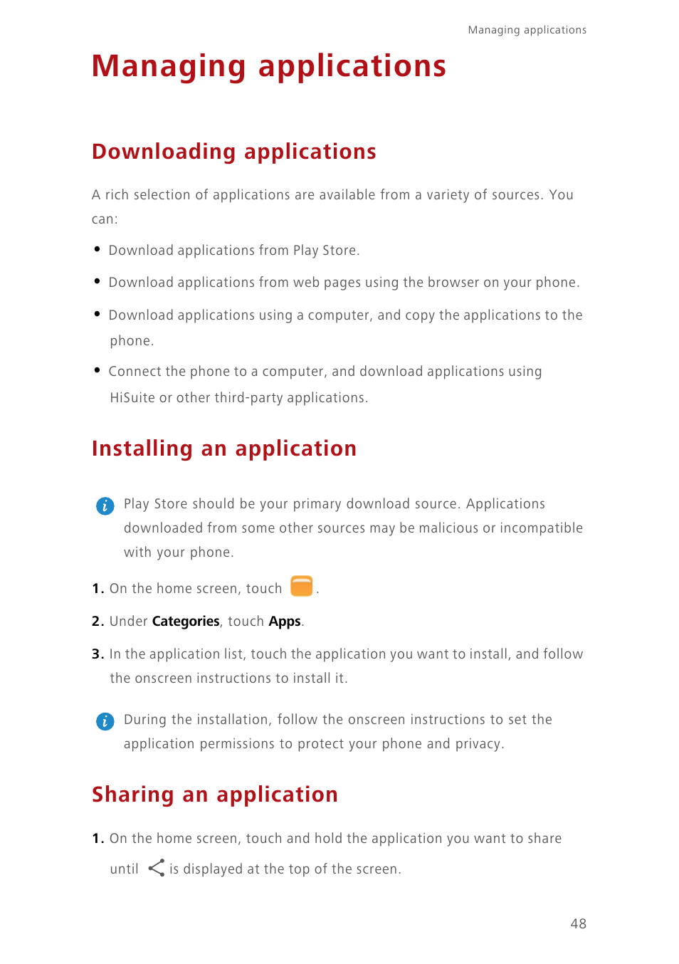 Managing applications, Downloading applications, Installing an application | Sharing an application | Huawei Ascend Y550 User Manual | Page 52 / 71