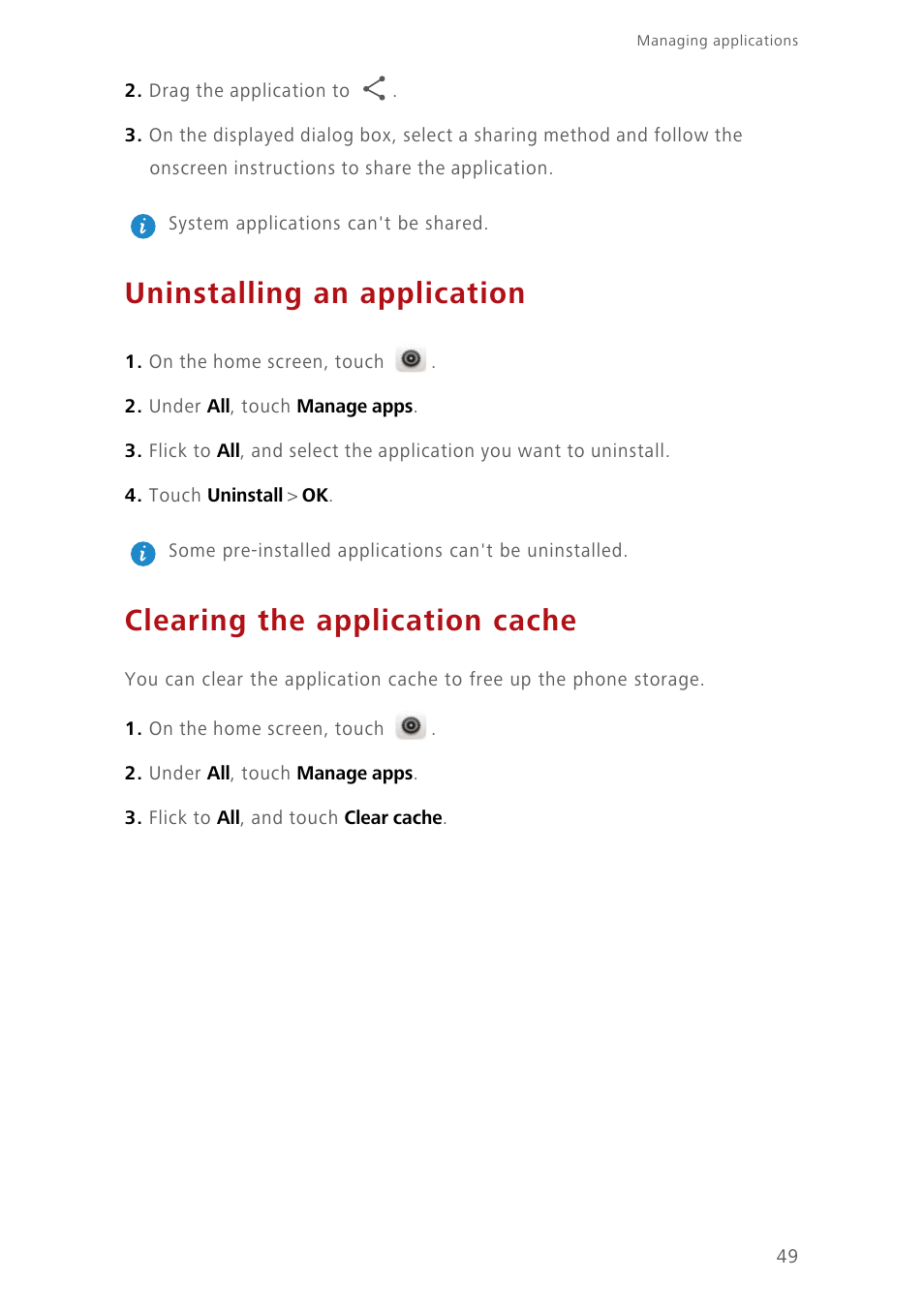 Uninstalling an application, Clearing the application cache | Huawei Ascend Y550 User Manual | Page 53 / 71