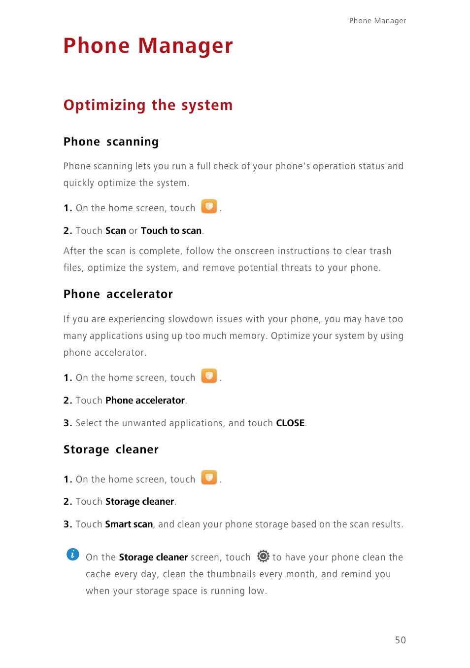 Phone manager, Optimizing the system, Phone scanning | Phone accelerator, Storage cleaner | Huawei Ascend Y550 User Manual | Page 54 / 71