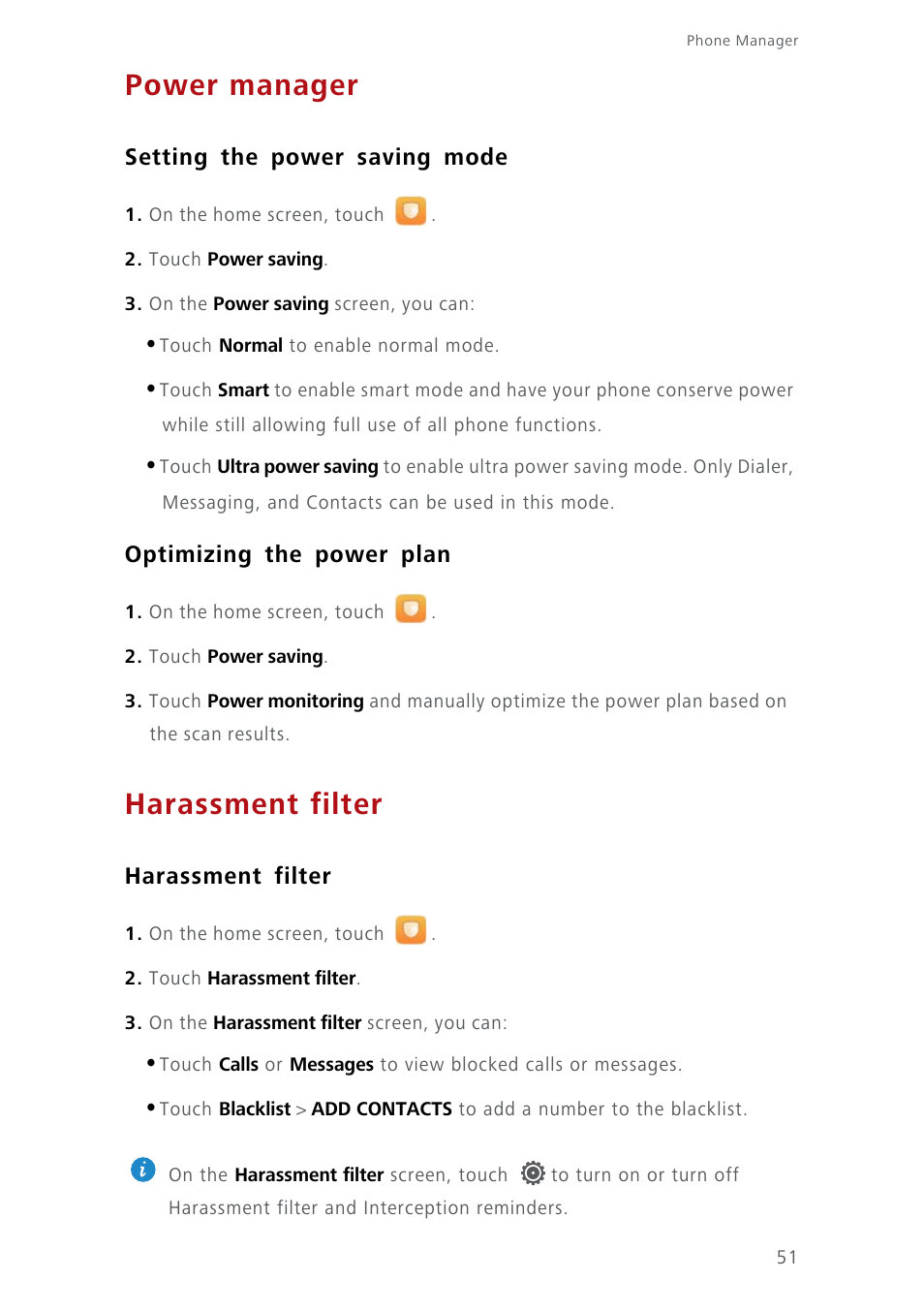 Power manager, Setting the power saving mode, Optimizing the power plan | Harassment filter | Huawei Ascend Y550 User Manual | Page 55 / 71