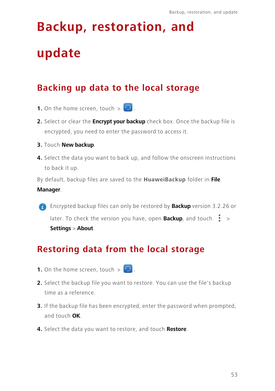 Backup, restoration, and update, Backing up data to the local storage, Restoring data from the local storage | Huawei Ascend Y550 User Manual | Page 57 / 71