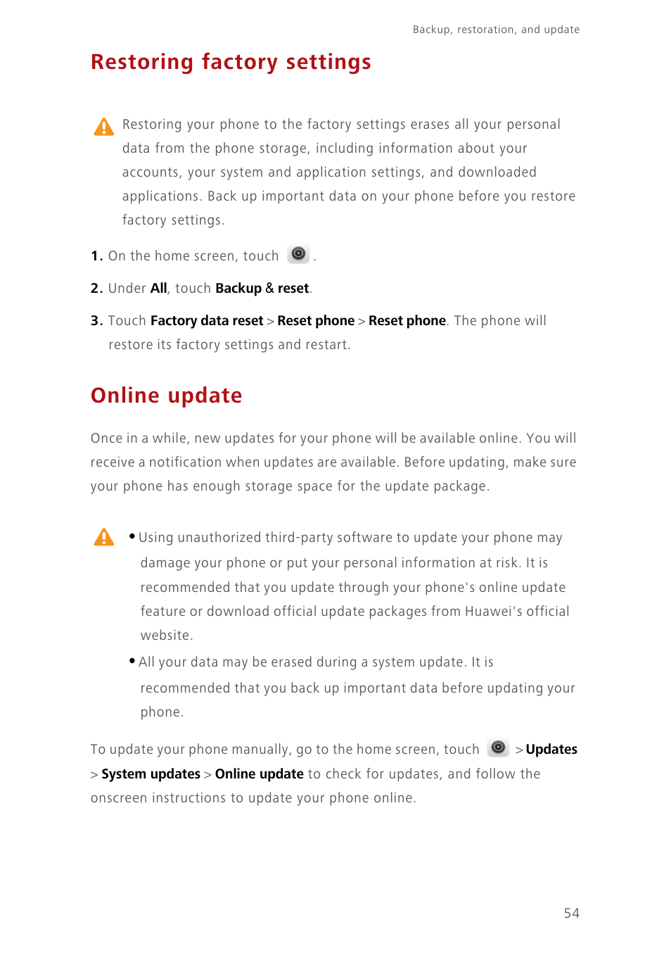 Restoring factory settings, Online update | Huawei Ascend Y550 User Manual | Page 58 / 71