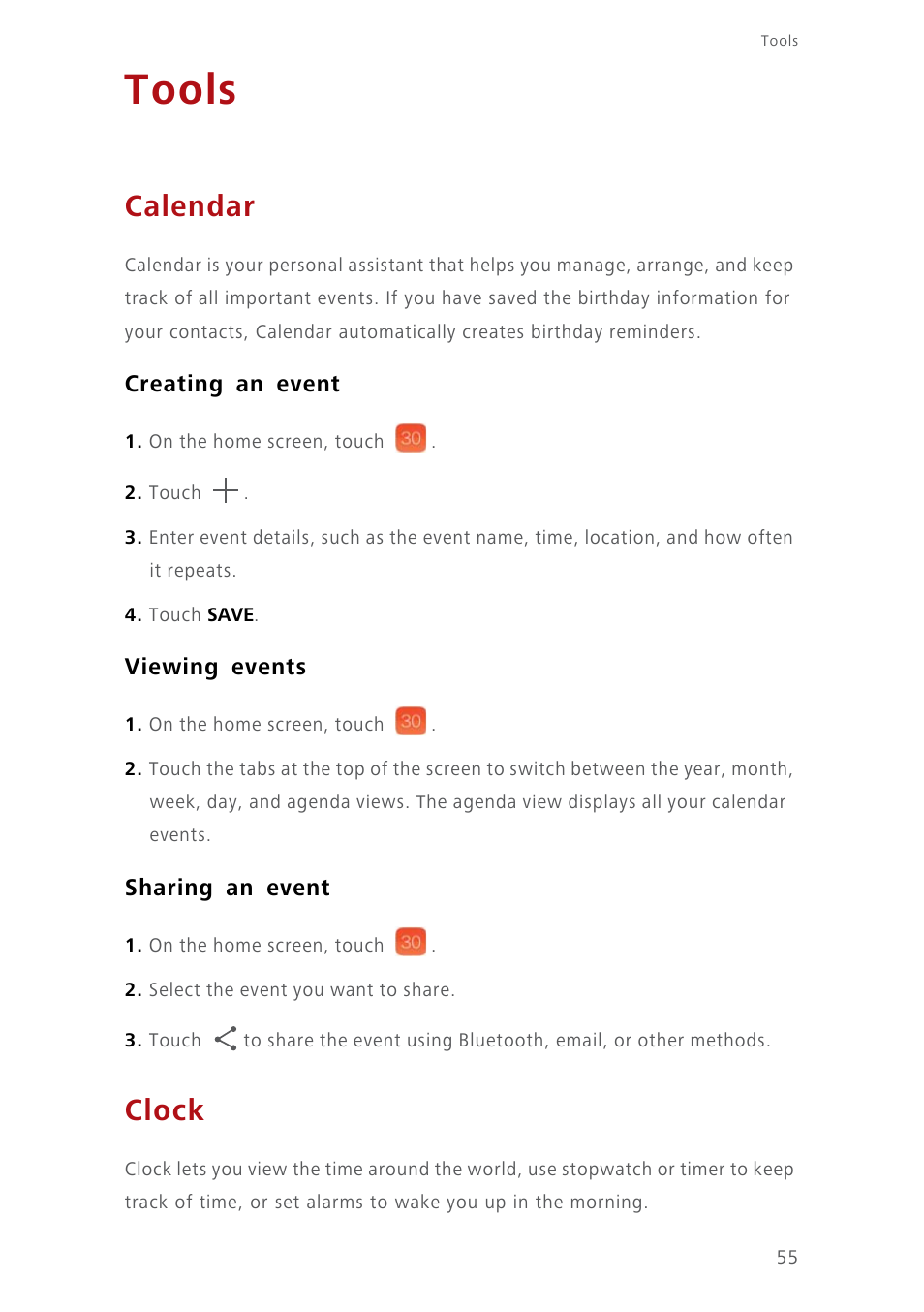 Tools, Calendar, Creating an event | Viewing events, Sharing an event, Clock | Huawei Ascend Y550 User Manual | Page 59 / 71