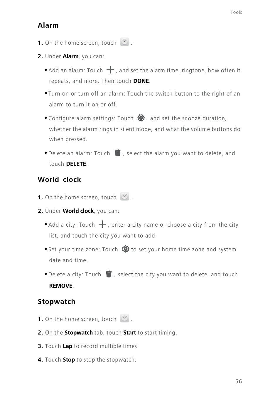 Alarm, World clock, Stopwatch | Huawei Ascend Y550 User Manual | Page 60 / 71