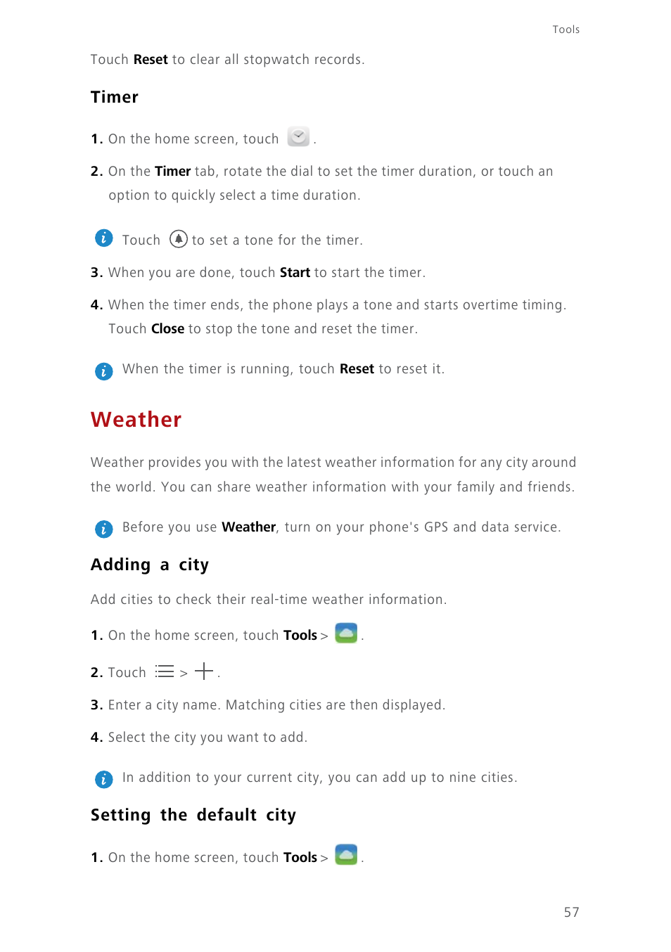 Timer, Weather, Adding a city | Setting the default city | Huawei Ascend Y550 User Manual | Page 61 / 71