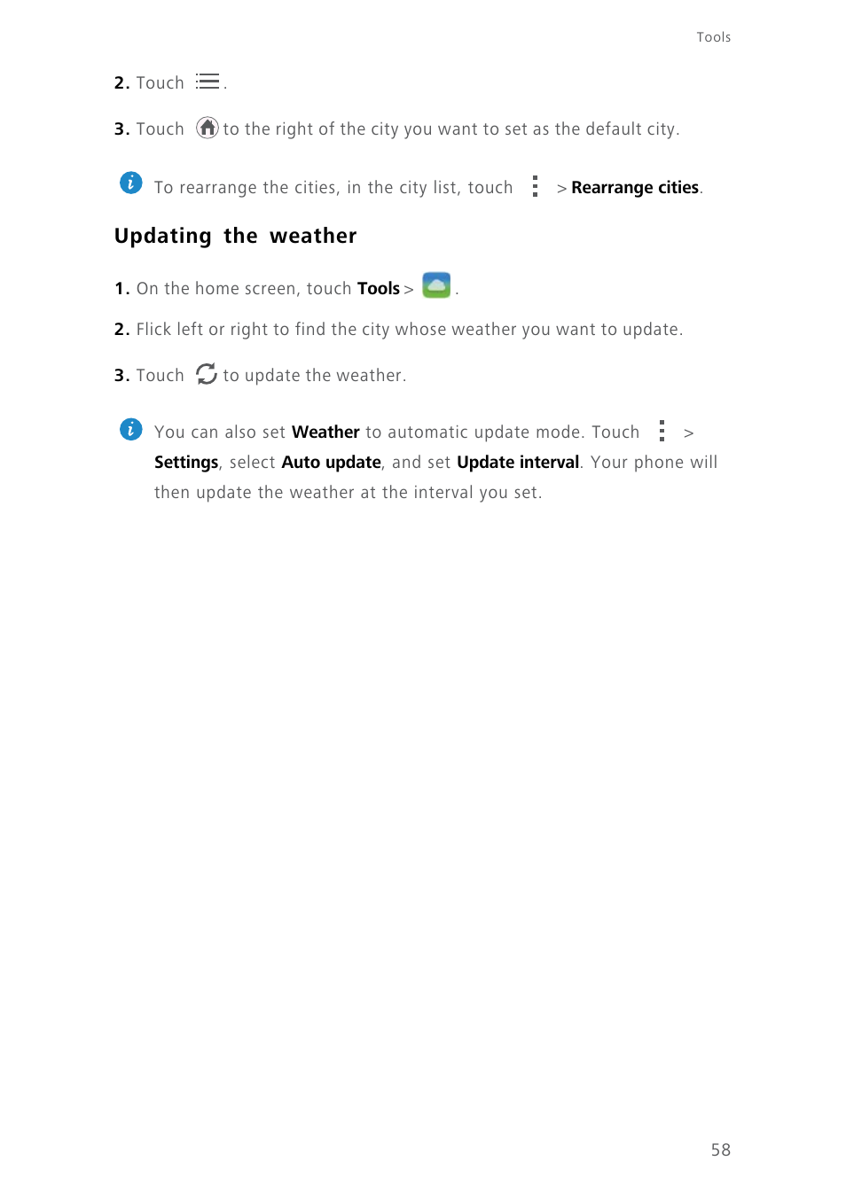 Updating the weather | Huawei Ascend Y550 User Manual | Page 62 / 71