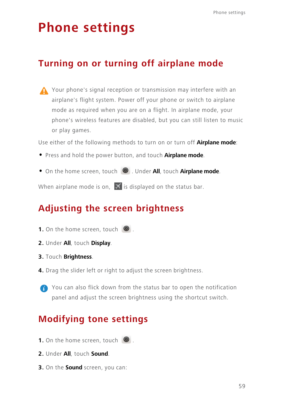 Phone settings, Turning on or turning off airplane mode, Adjusting the screen brightness | Modifying tone settings | Huawei Ascend Y550 User Manual | Page 63 / 71