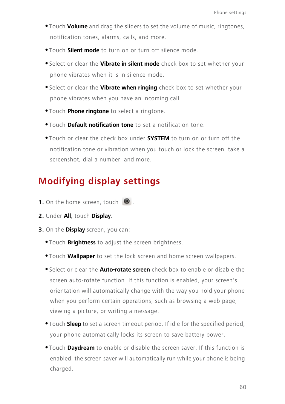 Modifying display settings | Huawei Ascend Y550 User Manual | Page 64 / 71