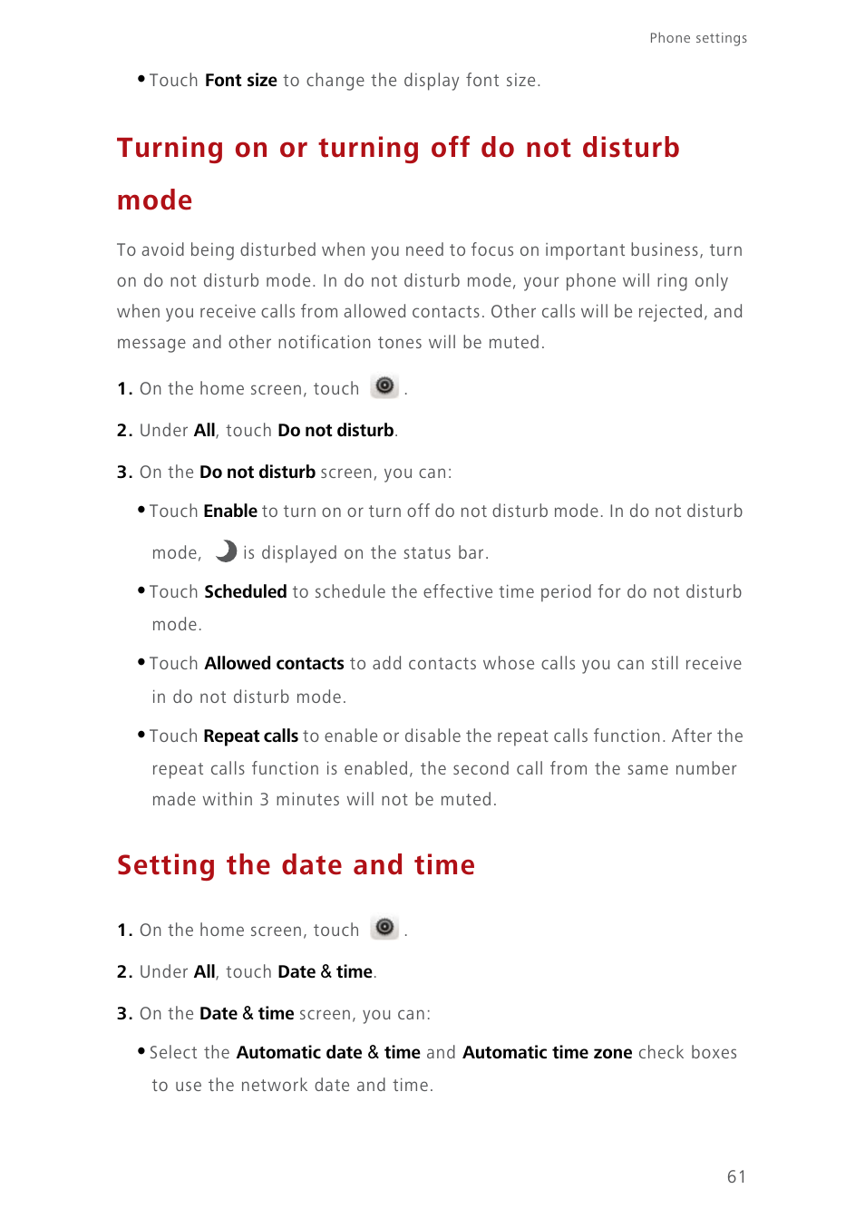 Turning on or turning off do not disturb mode, Setting the date and time | Huawei Ascend Y550 User Manual | Page 65 / 71