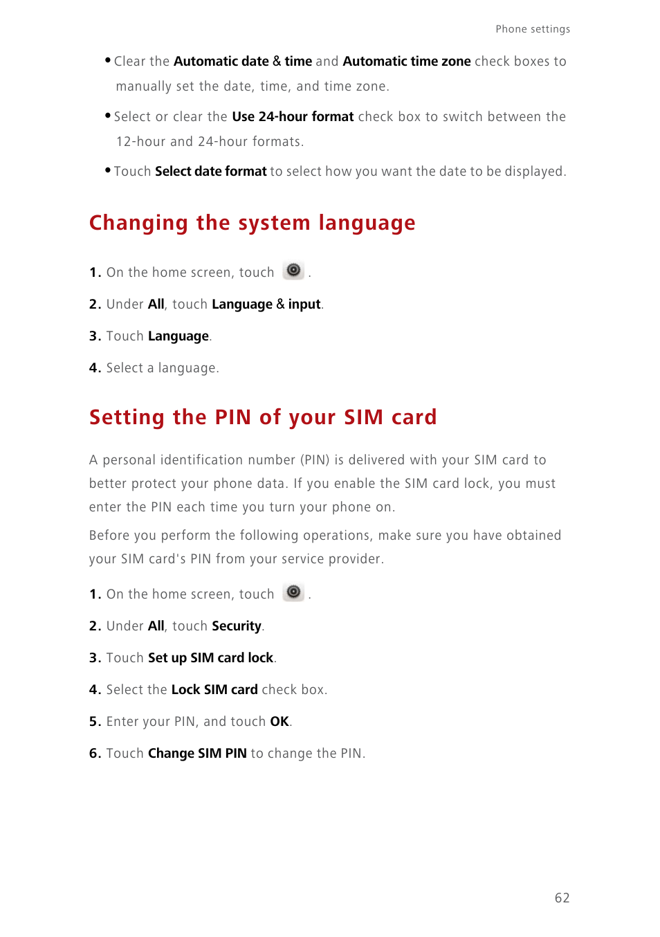 Changing the system language, Setting the pin of your sim card | Huawei Ascend Y550 User Manual | Page 66 / 71