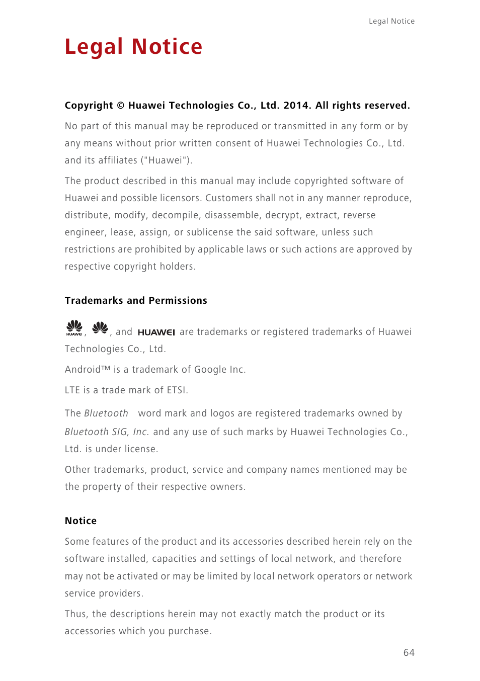 Legal notice, Trademarks and permissions, Notice | Huawei Ascend Y550 User Manual | Page 68 / 71