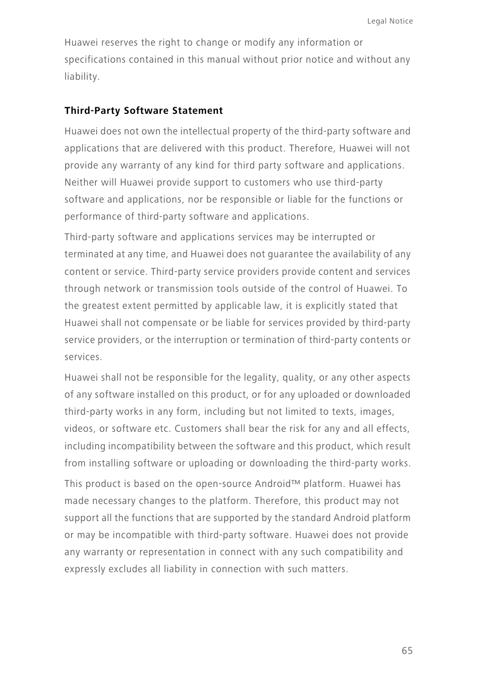 Third-party software statement | Huawei Ascend Y550 User Manual | Page 69 / 71