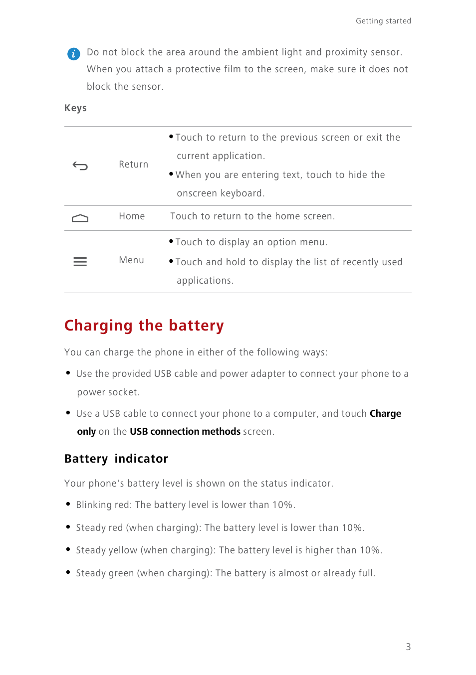 Charging the battery, Battery indicator | Huawei Ascend Y550 User Manual | Page 7 / 71