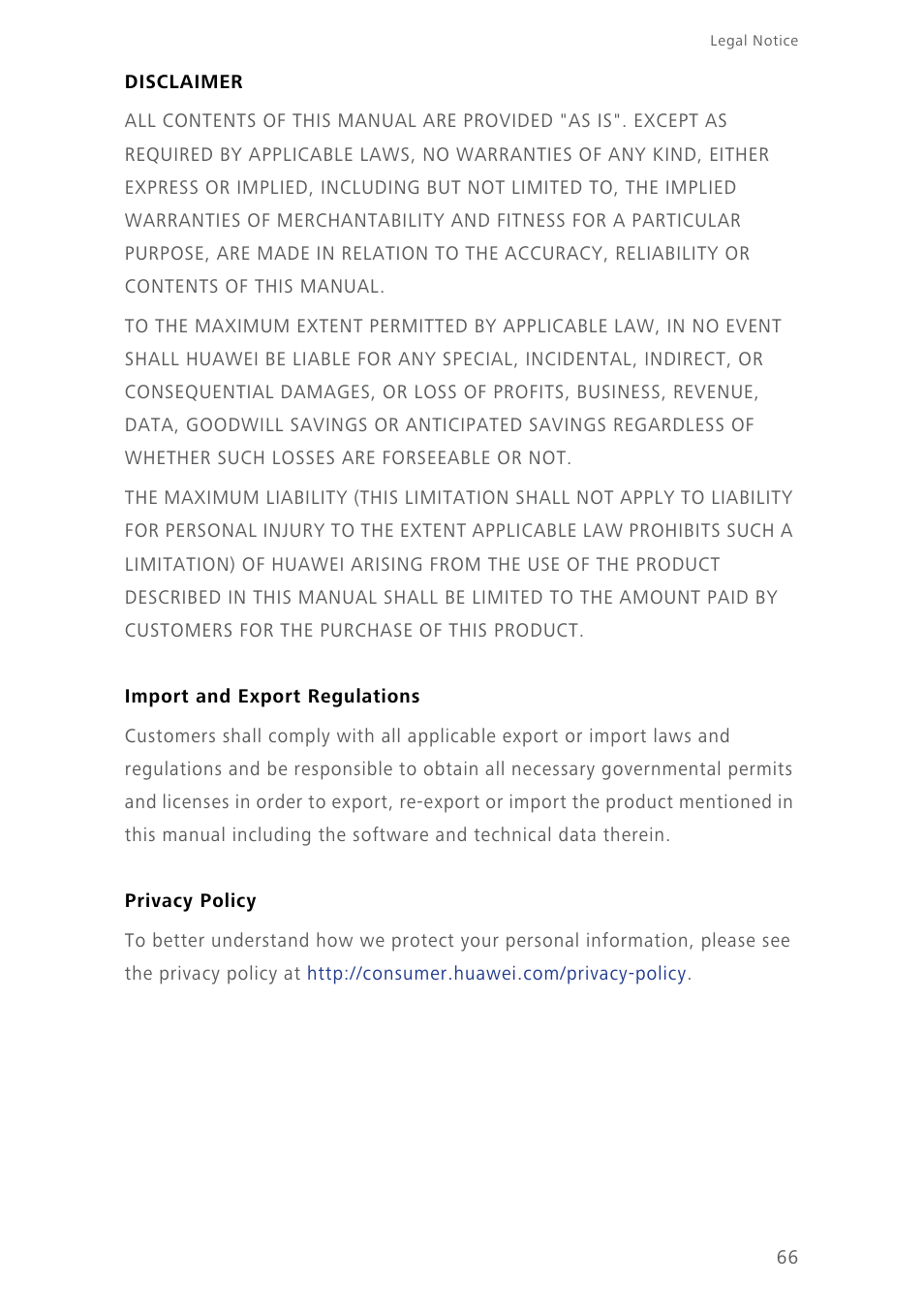 Disclaimer, Import and export regulations, Privacy policy | Huawei Ascend Y550 User Manual | Page 70 / 71