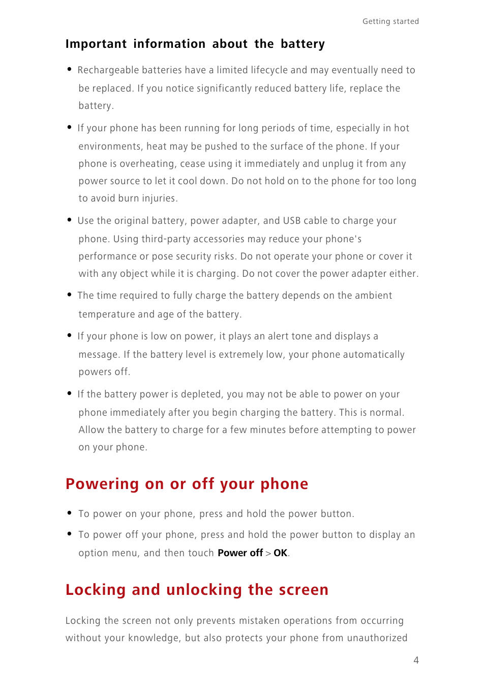 Important information about the battery, Powering on or off your phone, Locking and unlocking the screen | Huawei Ascend Y550 User Manual | Page 8 / 71