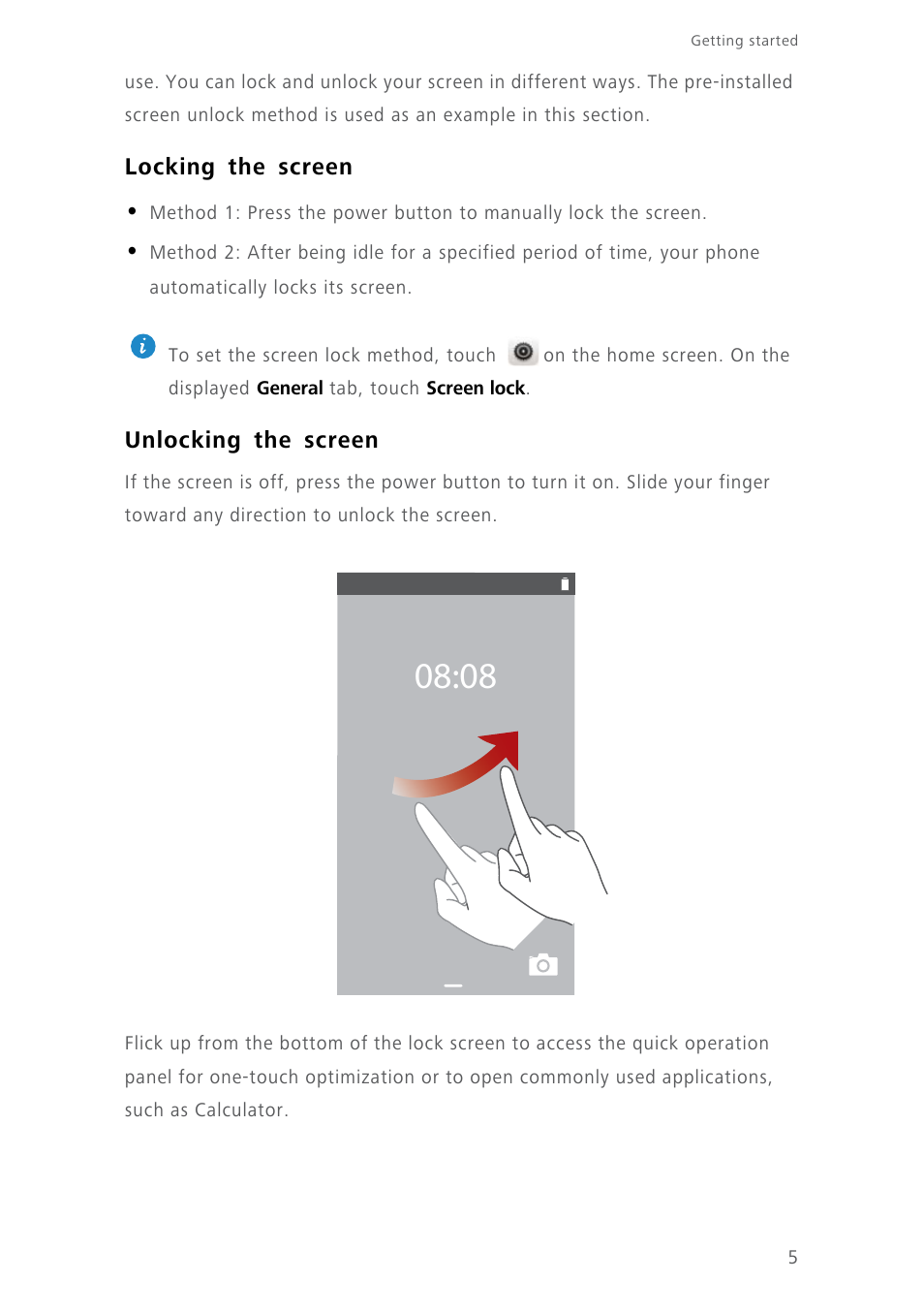 Locking the screen, Unlocking the screen | Huawei Ascend Y550 User Manual | Page 9 / 71