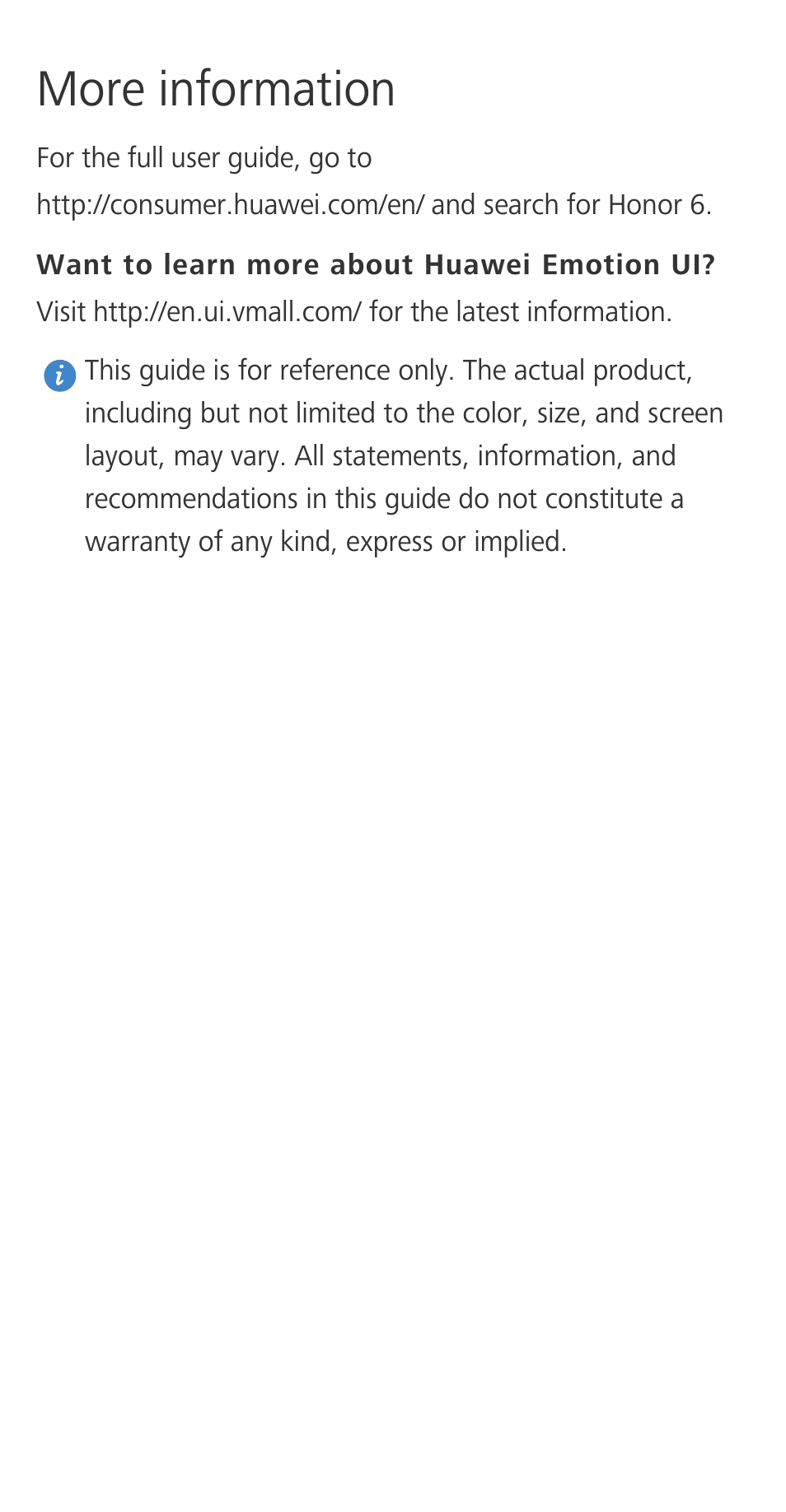 More information, Want to learn more about huawei emotion ui | Huawei Honor 6 User Manual | Page 11 / 12