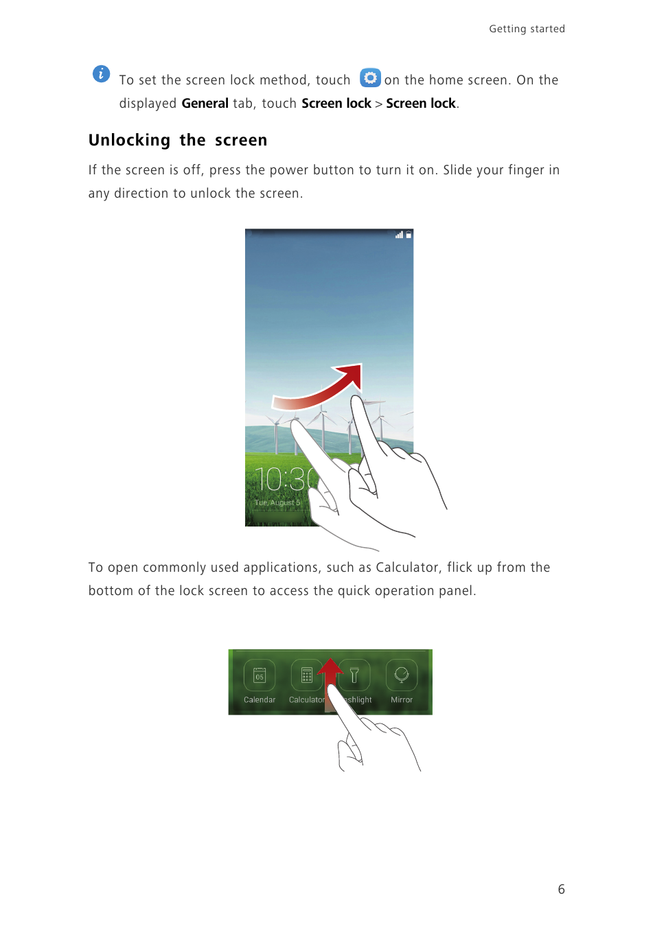 Unlocking the screen | Huawei Honor 6 User Manual | Page 10 / 81