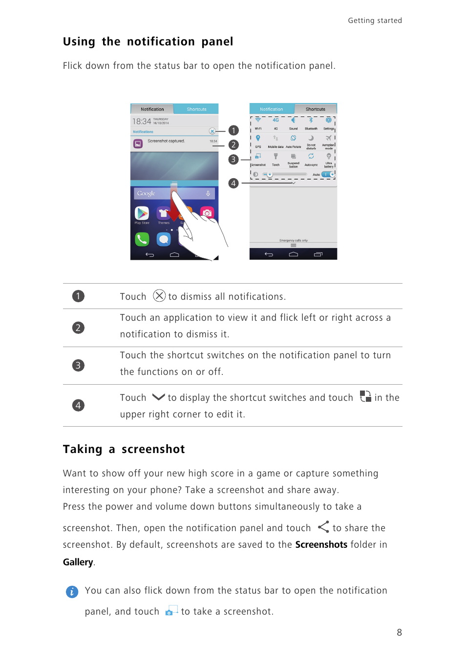 Using the notification panel, Taking a screenshot | Huawei Honor 6 User Manual | Page 12 / 81