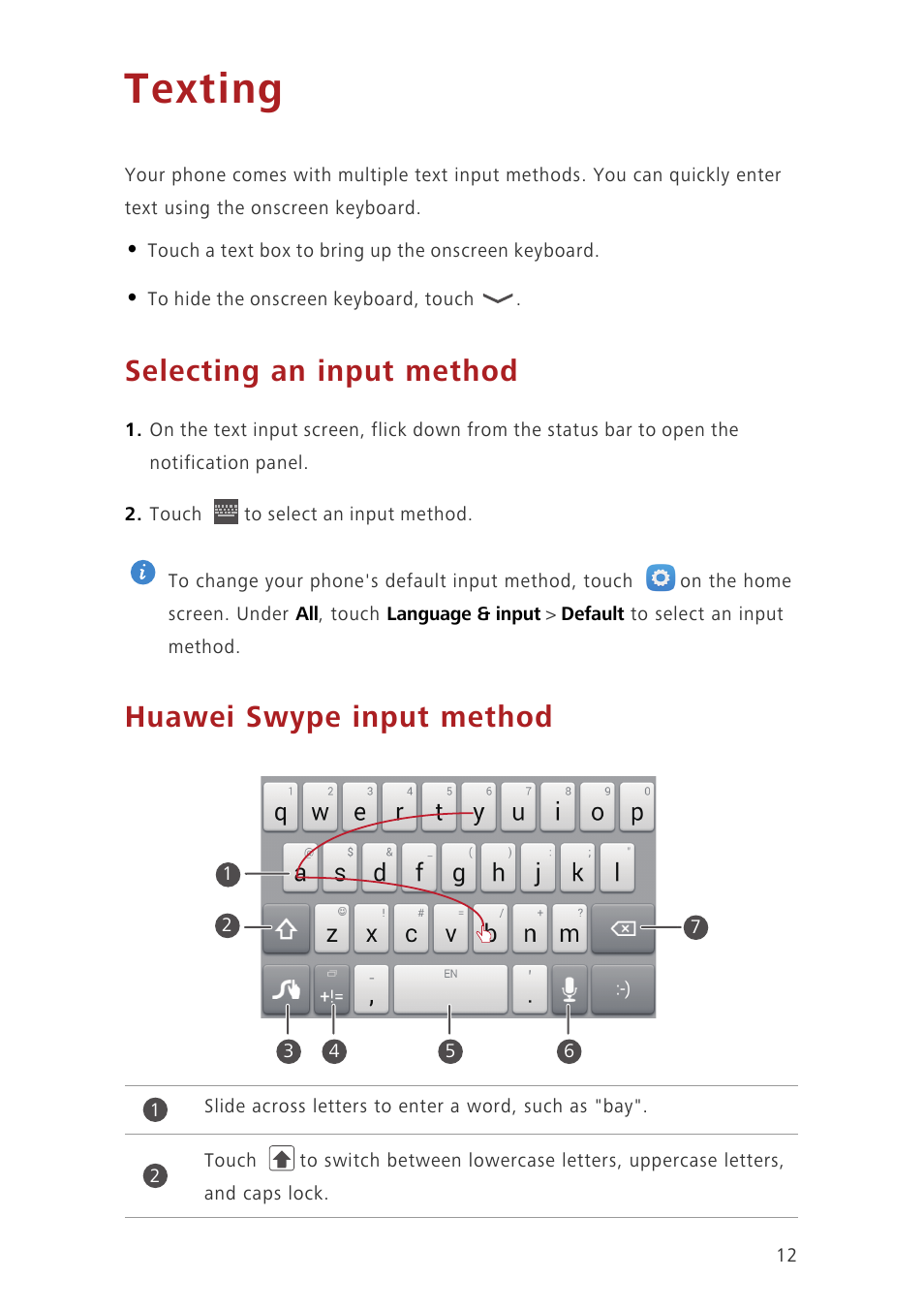 Texting, Selecting an input method, Huawei swype input method | Huawei Honor 6 User Manual | Page 16 / 81
