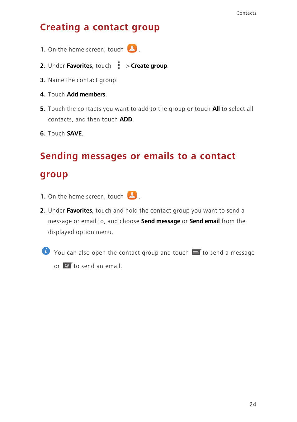 Creating a contact group, Sending messages or emails to a contact group | Huawei Honor 6 User Manual | Page 28 / 81