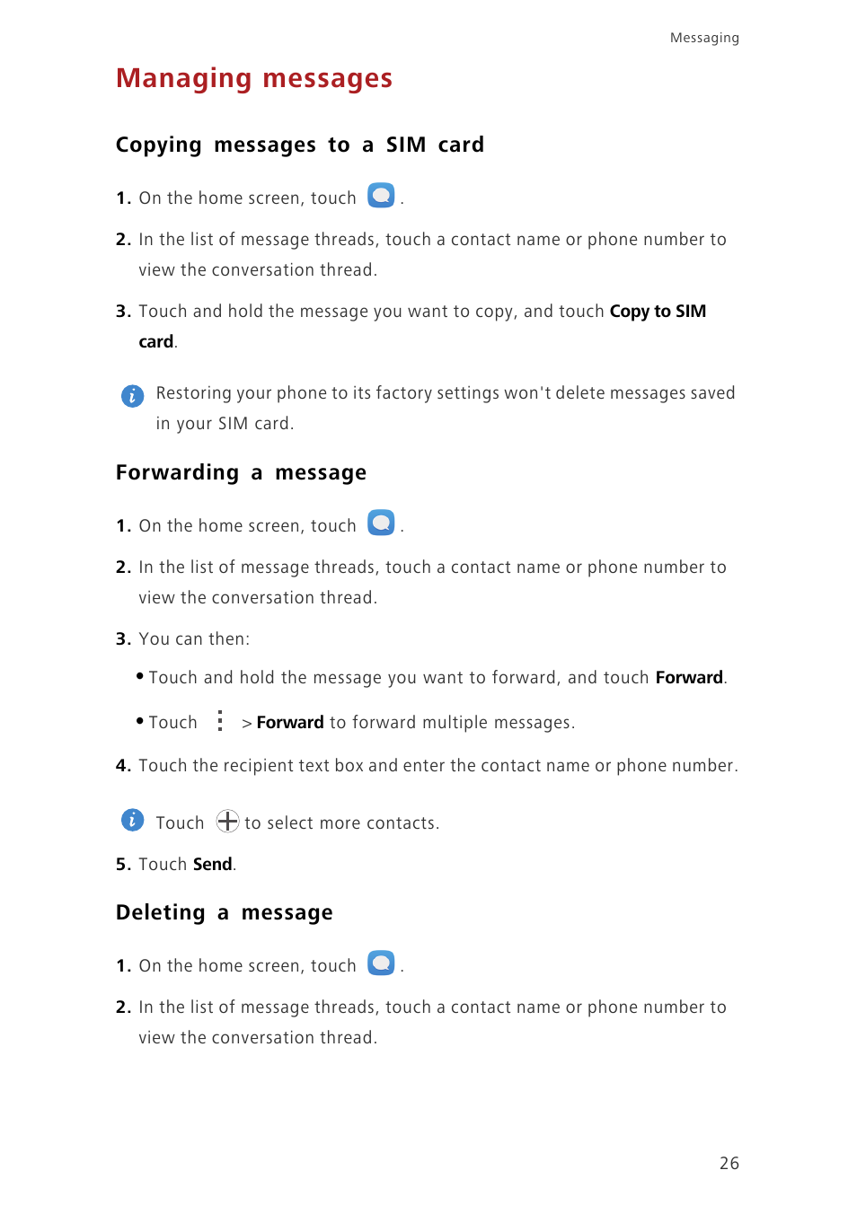 Managing messages, Copying messages to a sim card, Forwarding a message | Deleting a message | Huawei Honor 6 User Manual | Page 30 / 81