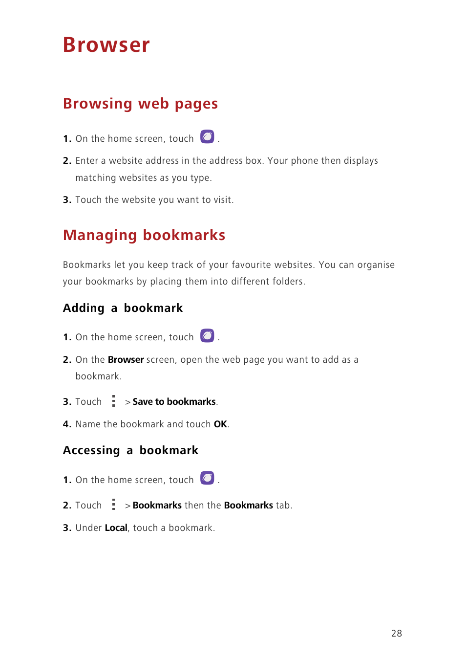 Browser, Managing bookmarks, Adding a bookmark | Accessing a bookmark, Browsing web pages | Huawei Honor 6 User Manual | Page 32 / 81