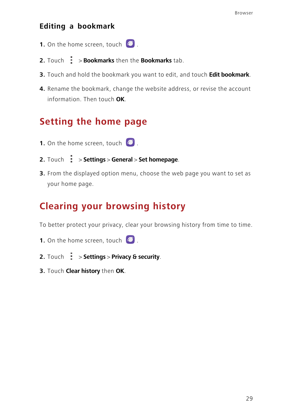 Editing a bookmark, Clearing your browsing history, Setting the home page | Huawei Honor 6 User Manual | Page 33 / 81