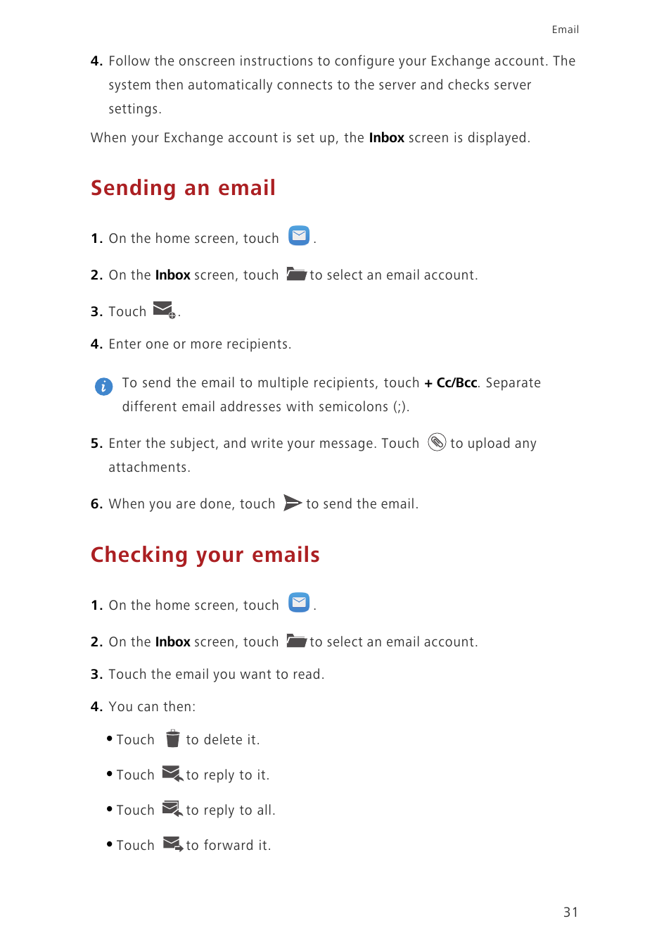 Sending an email, Checking your emails | Huawei Honor 6 User Manual | Page 35 / 81