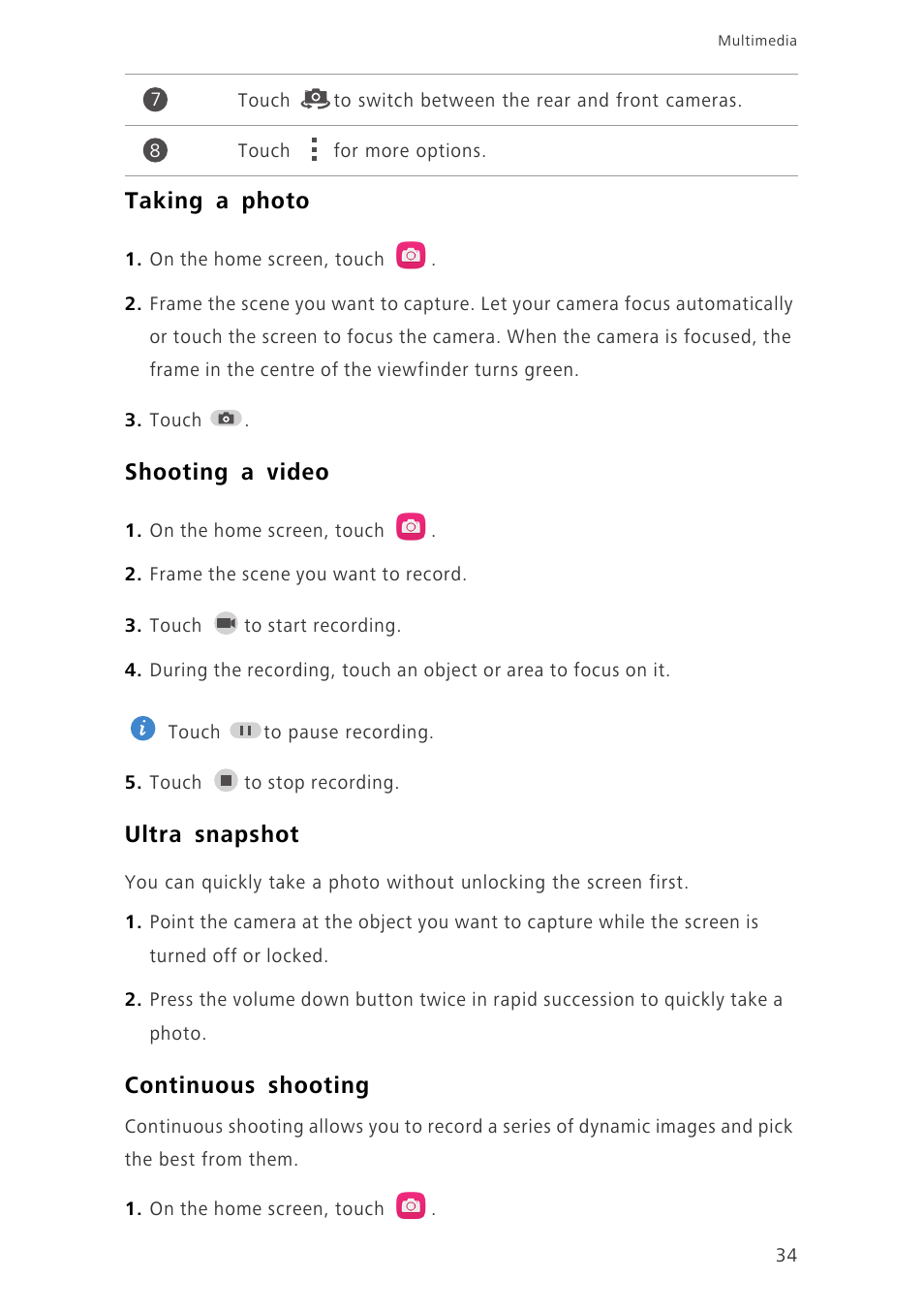 Taking a photo, Shooting a video, Ultra snapshot | Continuous shooting | Huawei Honor 6 User Manual | Page 38 / 81