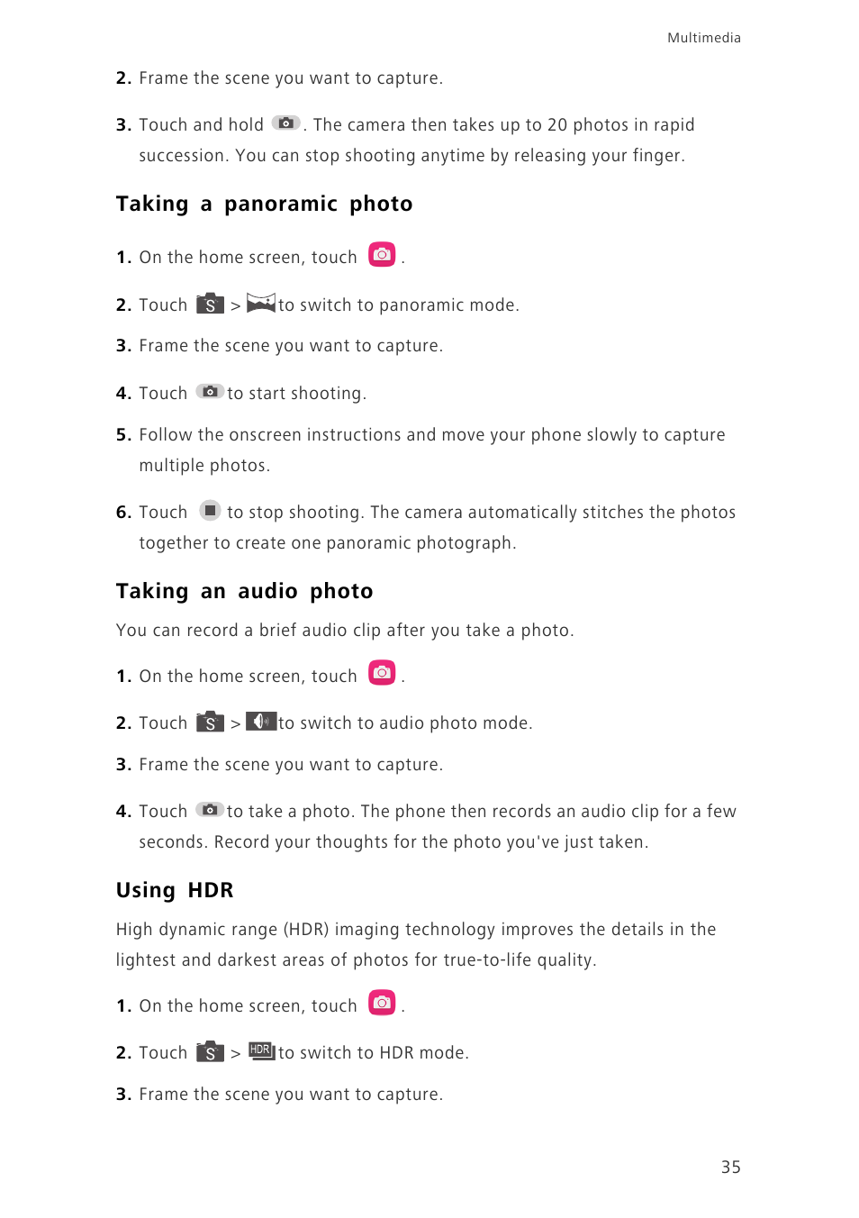 Taking a panoramic photo, Taking an audio photo, Using hdr | Huawei Honor 6 User Manual | Page 39 / 81