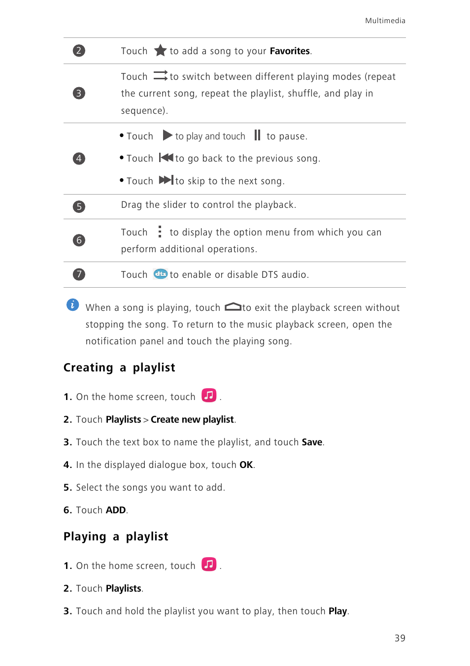 Creating a playlist, Playing a playlist | Huawei Honor 6 User Manual | Page 43 / 81