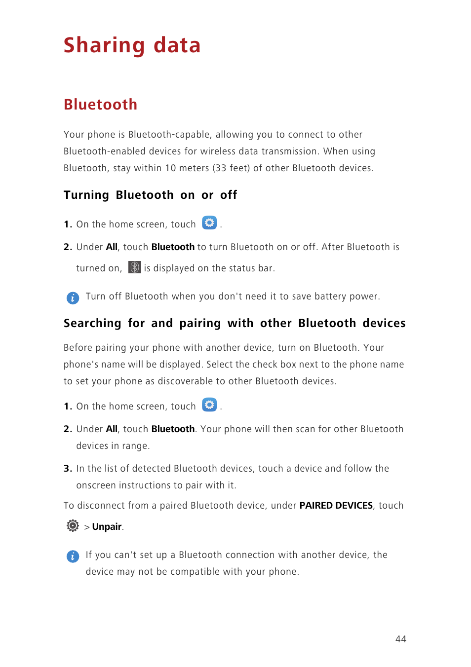 Sharing data, Bluetooth, Turning bluetooth on or off | Huawei Honor 6 User Manual | Page 48 / 81