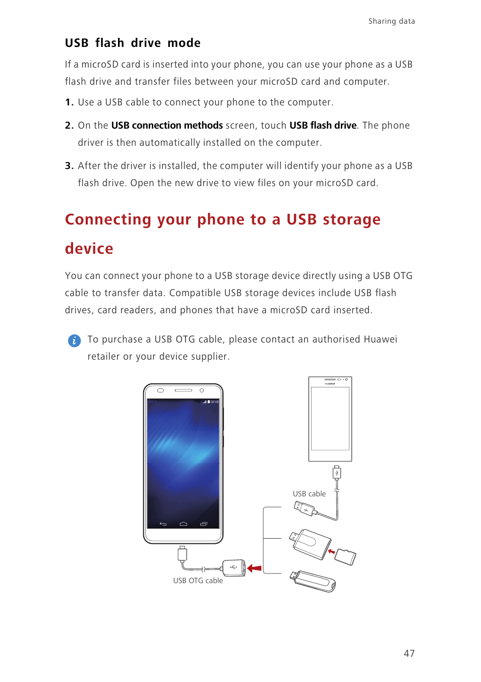 Usb flash drive mode, Connecting your phone to a usb storage device | Huawei Honor 6 User Manual | Page 51 / 81