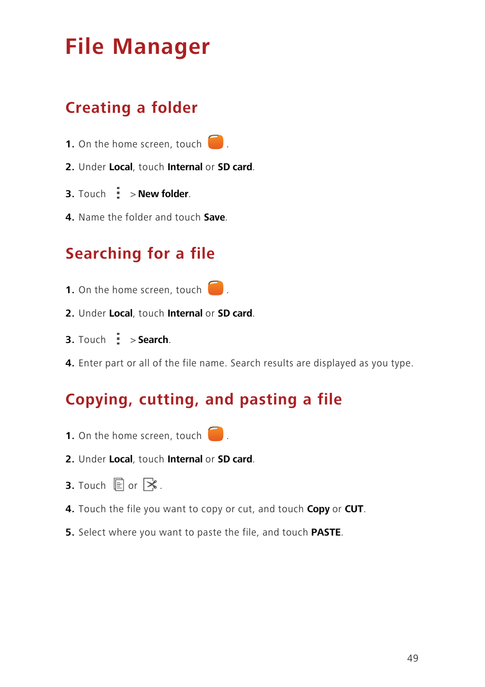 File manager, Creating a folder, Searching for a file | Copying, cutting, and pasting a file | Huawei Honor 6 User Manual | Page 53 / 81