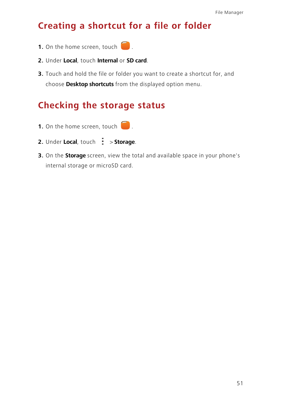 Creating a shortcut for a file or folder, Checking the storage status | Huawei Honor 6 User Manual | Page 55 / 81