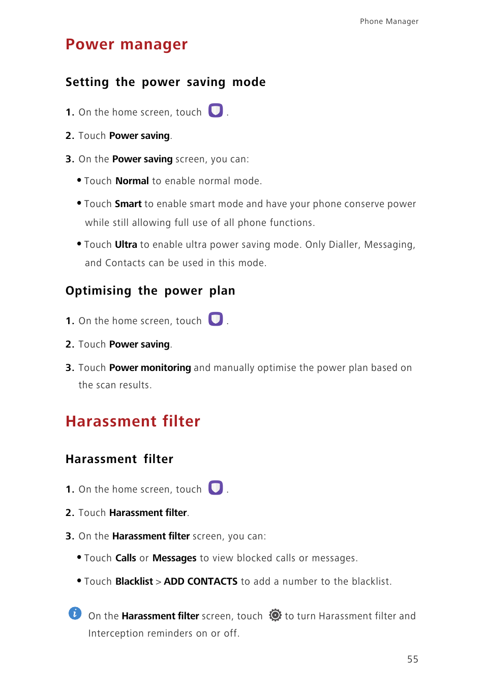 Power manager, Setting the power saving mode, Optimising the power plan | Harassment filter | Huawei Honor 6 User Manual | Page 59 / 81