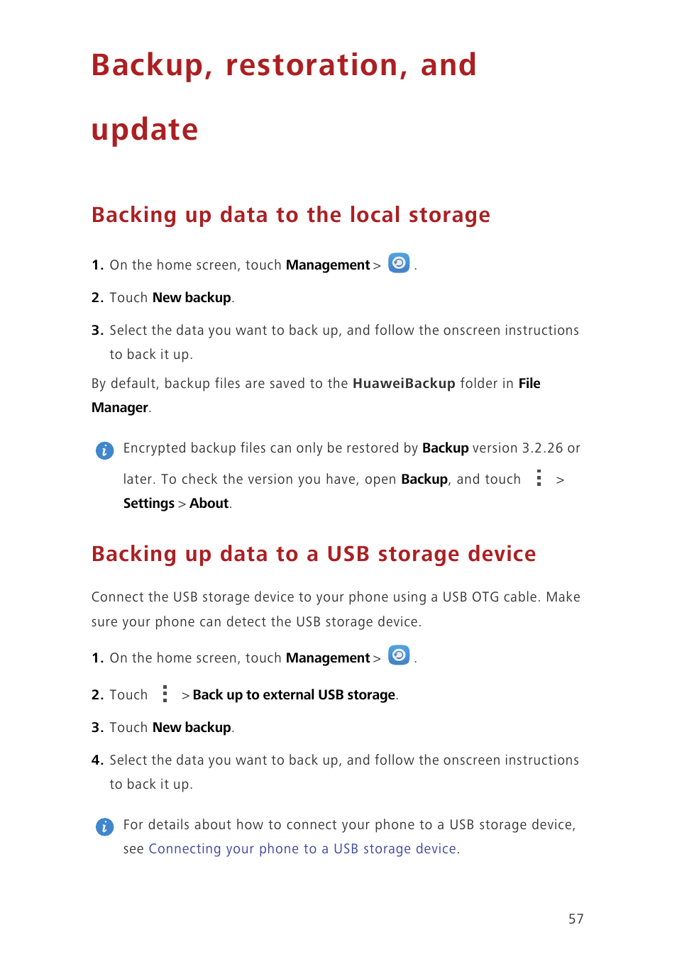 Backup, restoration, and update, Backing up data to the local storage, Backing up data to a usb storage device | Huawei Honor 6 User Manual | Page 61 / 81